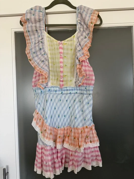 LoveShackFancy Pastel Gingham Ruffle Mini Dress in Pink Blue Yellow Peach - Picture 1 of 3